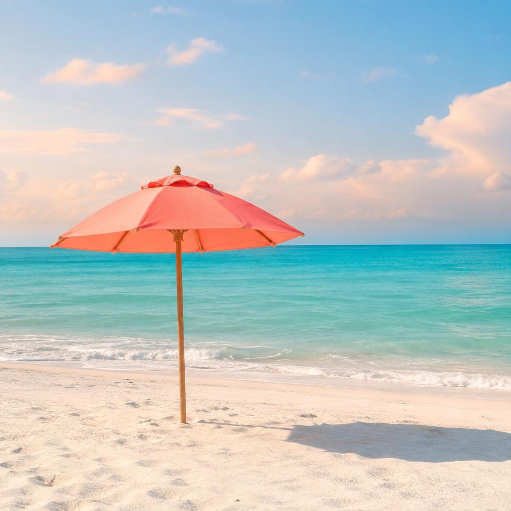 Coral beach umbrella planted in white sand on a Playa del Carmen beach